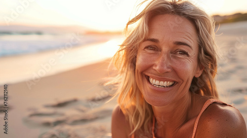 Happy 40 years old woman on the beach smiling with serenety close up