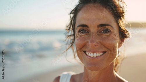 Happy 40 years old woman on the beach smiling with serenety close up