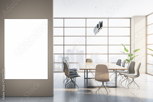 Modern conference room interior with white mock up banner on wall, window and city view. 3D Rendering.