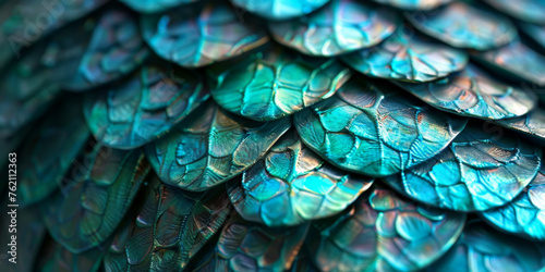 A closeup of the scales on a mermaid's tail, with iridescent teal and blue hues, Texture of purple blue dragon  photo