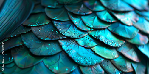 A closeup of the scales on a mermaid's tail, with iridescent teal and blue hues, Texture of purple blue dragon  photo