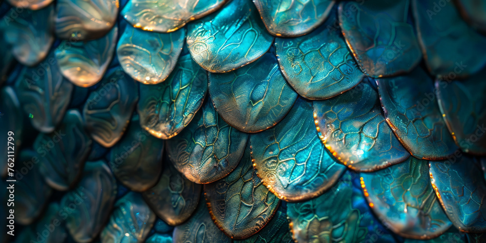 Fototapeta premium A closeup of the scales on a mermaid's tail, with iridescent teal and blue hues, Texture of purple blue dragon 