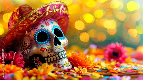 Day of the Dead in Mexico, with a skull Mexican hat in shades carnival background