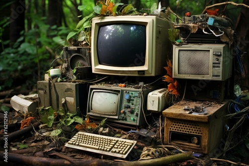 Cluttered Old electronic trash pile. Ecology used. Generate Ai