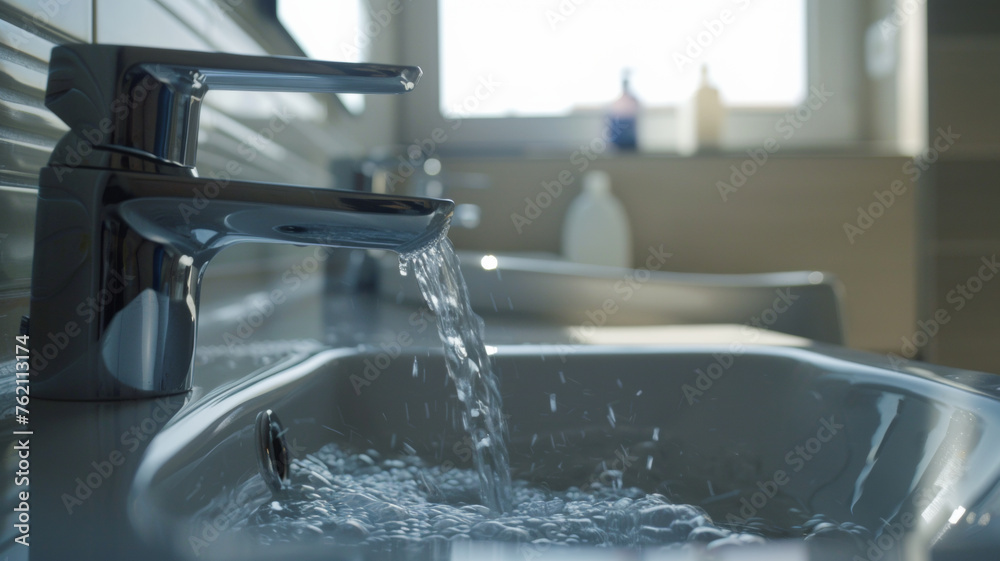 Close-up of water flowing from a modern faucet into a basin. Close-up of water flowing from a modern faucet into a basin.