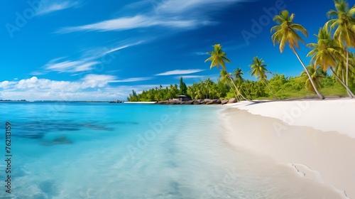 A panoramic view of the pristine white sandy beaches and clear blue waters in an exotic island, with palm trees swaying gently under a bright sun. The beach is surrounded by lush greenery, © Afaq
