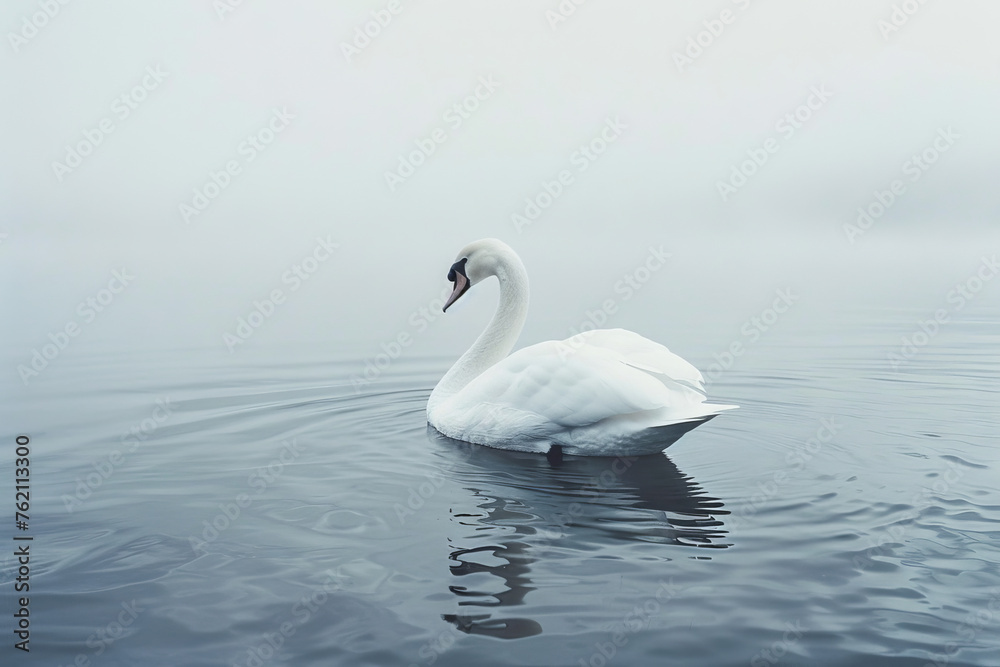 Serene Swan Gliding Gently on Misty Lake at Dawn Serene Swan Gliding Gently on Misty Lake at Dawn