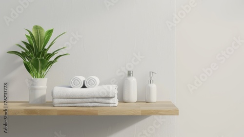 Contemporary Bathroom Decor with Folded Towels and Green Plant