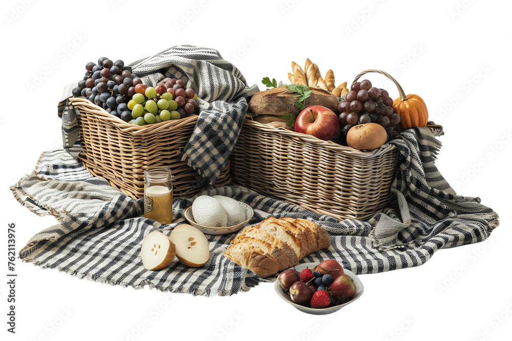 A wicker basket overflowing with fresh, seasonal fruits like apples and grapes