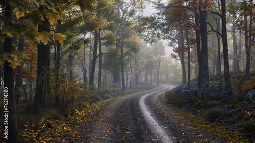 Mysterious forest road with autumn leaves and a foggy atmosphere.