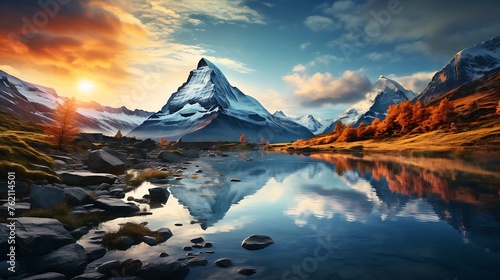 Beautiful mountain landscape with reflection in lake and dramatic sky at sunset, featuring the majestic peak of Makouda Dula or Matterhorn