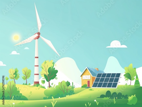 Illustration of a wind turbine and solar panels depicting renewable energy sources in a serene countryside setting.