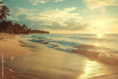 Golden Sunset Splendor on a Serene Tropical Beachfront Generative AI