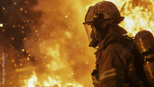 Firefighter in protective gear against blazing inferno, heroism embodied. © VK Studio