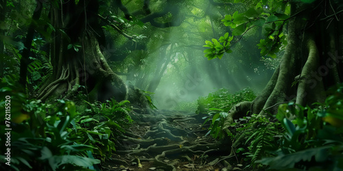 a grreen tropical jungle with vines and tree roots  a dark  misty green forest bbackground banner