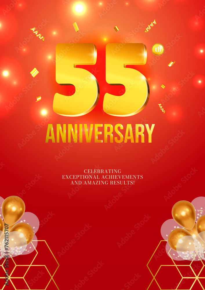 Naklejka premium Anniversary celebration flyer red background golden numbers 55