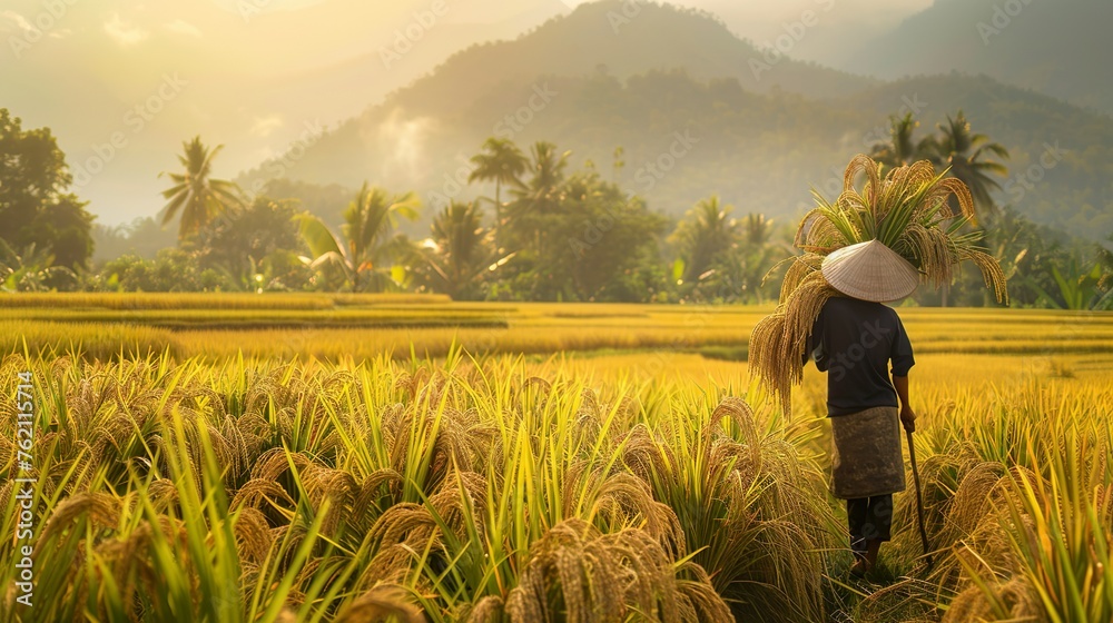 Fototapeta premium Harvesting rice with sickles in a picturesque rural setting.