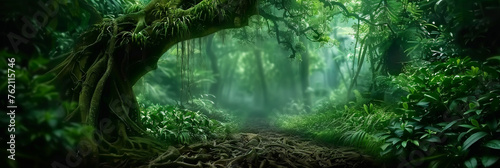 a grreen tropical jungle with vines and tree roots, a dark  misty green forest bbackground,banner