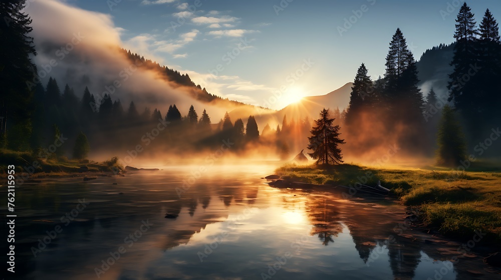 A serene mountain landscape at sunrise, with mist rising from the river and trees reflecting in its calm water