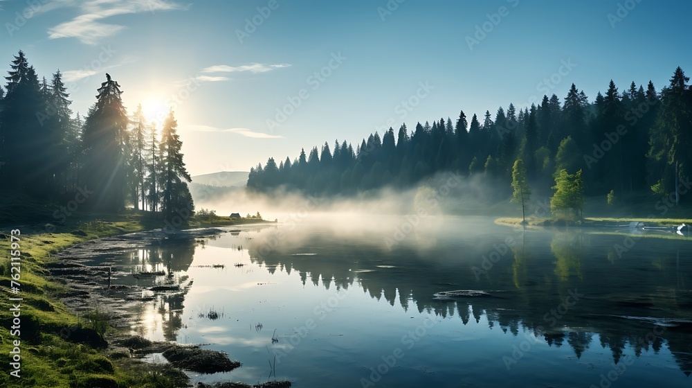 A serene lake nestled in the heart of Carpathian Mountains, surrounded by mistcovered forests and reflecting sunlight - obrazy, fototapety, plakaty 