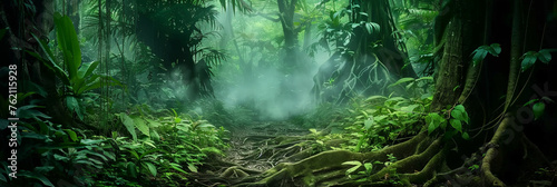 a grreen tropical jungle with vines and tree roots, a dark  misty green forest bbackground,banner photo
