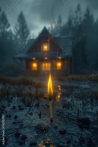 a burning match on the background of a wooden house. The concept of insurance and protection of real estate © Александр Лобач