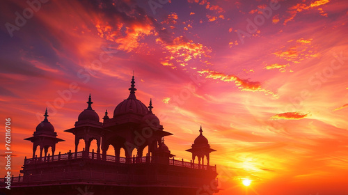 Indian temple silhouette at striking sunset sky photo
