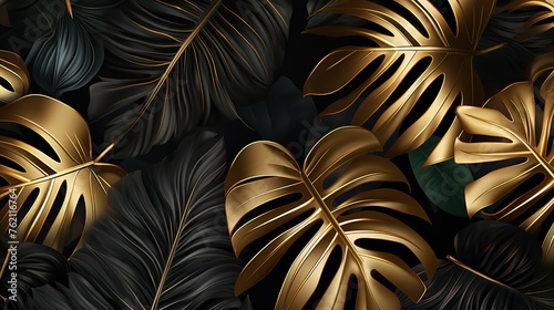 Tropical Leaves Gold and Black Dark Monstera Background