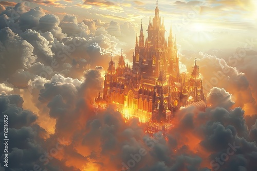 A castle is seen in the clouds with the sun shining on it photo