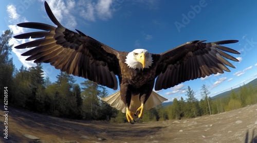 Wide shot of flying bald eagle over outdoor terrain

