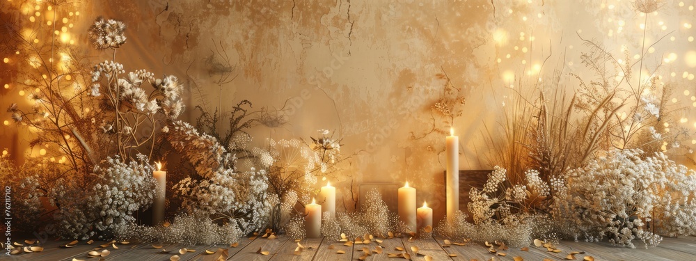 Backdrop for beige boho photoshoot in yellow lights and white flowers