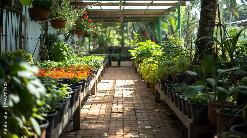A thriving horticulture business showcasing a lush greenhouse filled with a variety of vibrant garden flower plants in full bloom, indicating growth and cultivation.