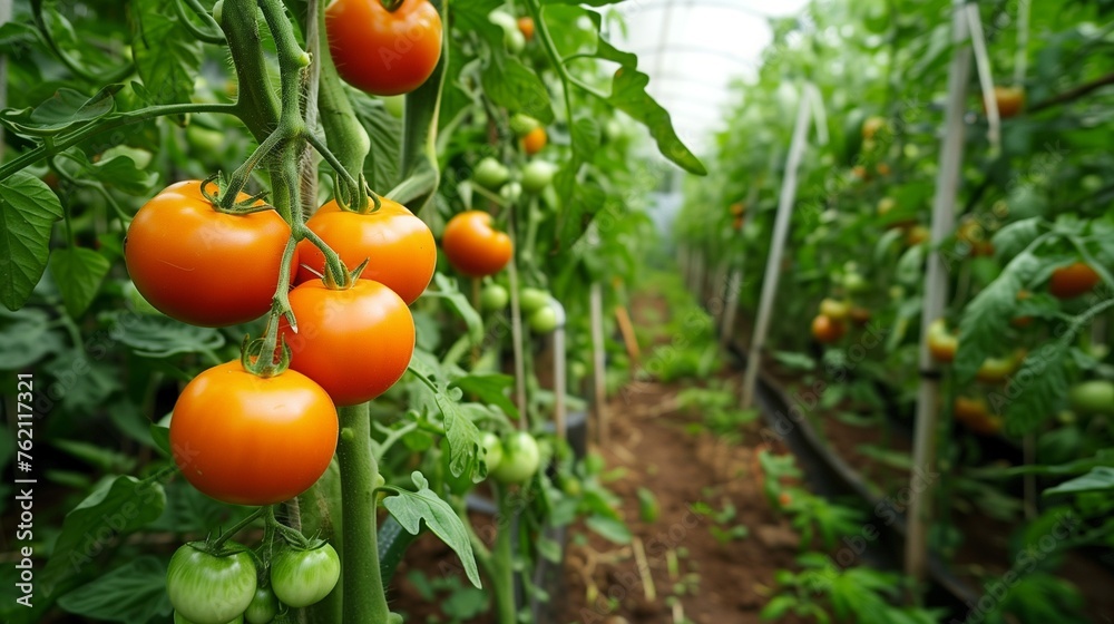 A thriving horticulture business showcasing rows of lush green tomato plants in a well-maintained greenhouse, with workers tending to the healthy crop.