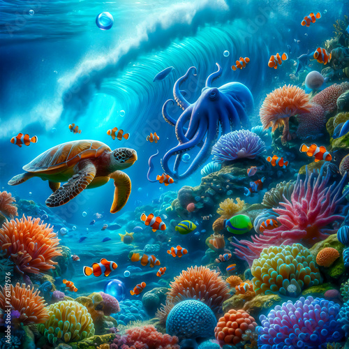 Underwater world in the deep ocean with turtle and othe sea animals.