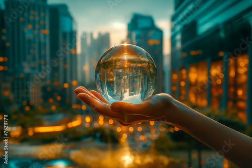 City in a Glass Ball on human hand #762117711