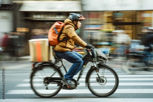 a delivery guy wearing jacket and helmet ride very fast on bike, speed panning effect 
