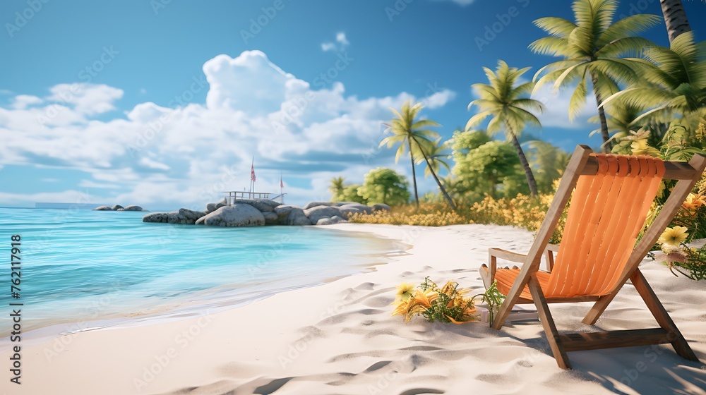 A beautiful beach with white sand, blue water and palm trees. A lounge chair is placed on the shore of an island in Hawaii. In front there's a tropical flower and behind you can see ships floating at 