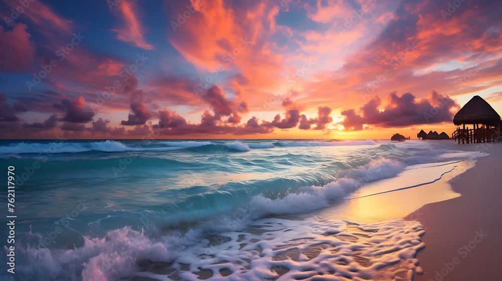 A stunning sunset over the turquoise waters of a beach in a town in Mexico, with colorful clouds and waves crashing against the white sand. 
