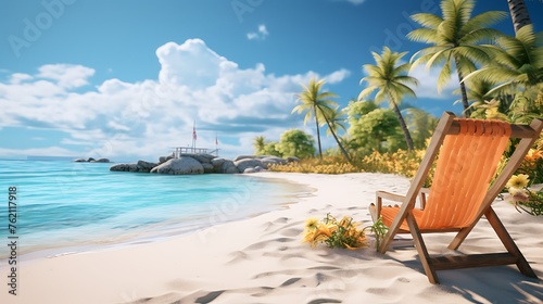 A beautiful beach with white sand  blue water and palm trees. A lounge chair is placed on the shore of an island in Hawaii. In front there s a tropical flower and behind you can see ships floating at 