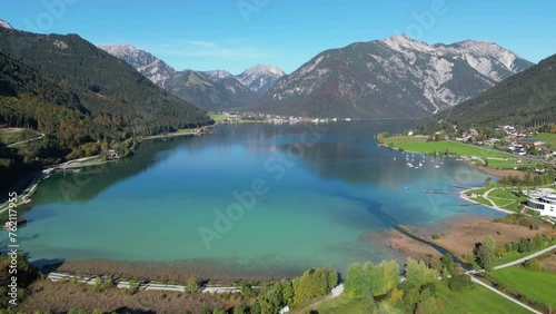 Blue Mountain Lake Achensee in Tyrol, Austria - Aerial 4k photo