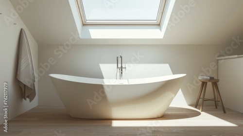 Minimalist Bathroom with Freestanding Bathtub and Skylight AI Generated.