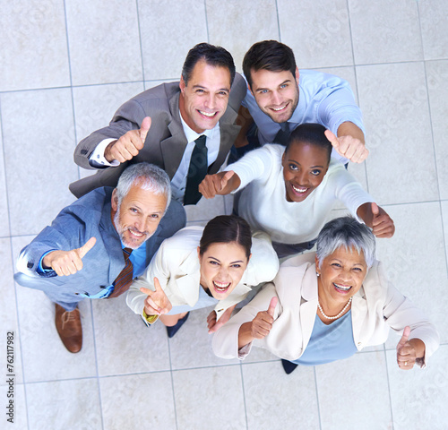 Portrait, business people and thumbs up for good job, teamwork or collaboration together in office. Top view, emoji and diversity group of employee workers for approval, agreement or yes hand gesture