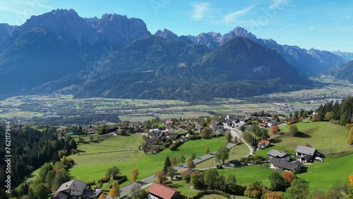 Gaital Alps and Small Mountain Village near Lienz in Tyrol, Austria - Aerial 4k photo