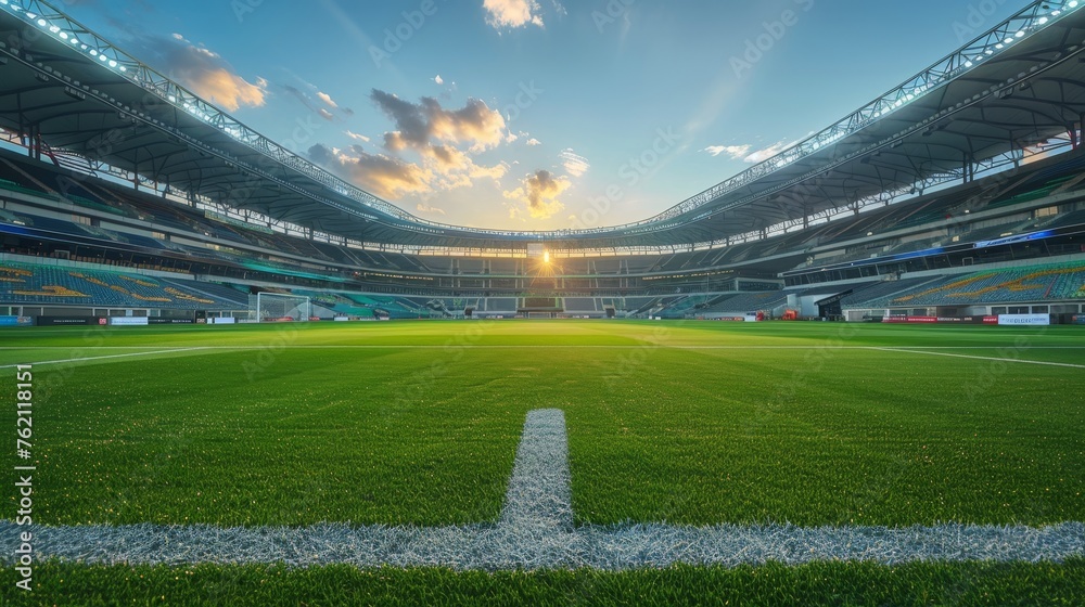 Soccer Stadium with green field football competition - obrazy, fototapety, plakaty 