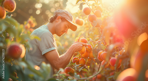 Man picking peaches in the farm