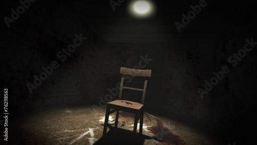 High quality, slow descending shot of a sinister interrogation torture chamber, with dark creepy grungy walls, blood on the floor and a single chair in a spotlight, with a pair of bloody pliers photo