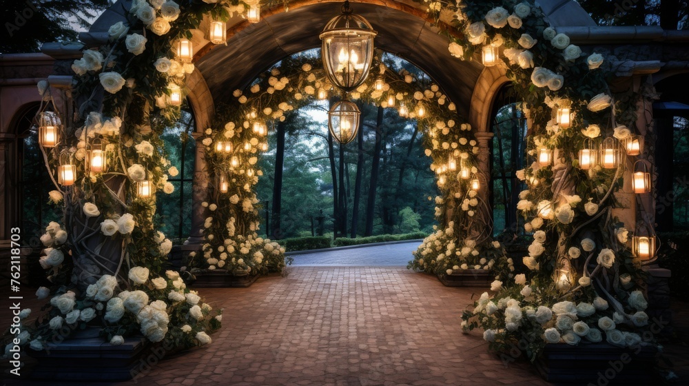 Enchanted Archway Adorned with White Roses and Warm Lanterns at Dusk
