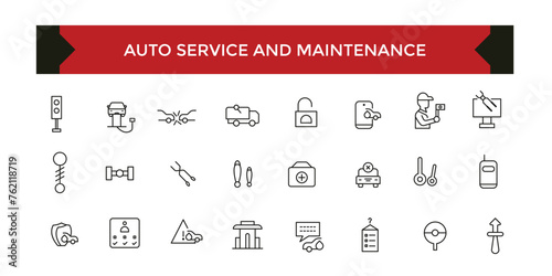 Auto car service and maintenance icon set with editable stroke. Auto service, car repair icon set. Car service and garage.