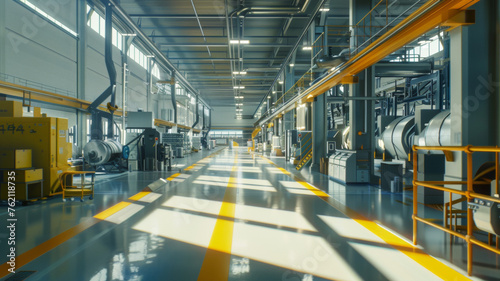 Sunlight floods an industrial factory floor, hinting at the start of a productive day.