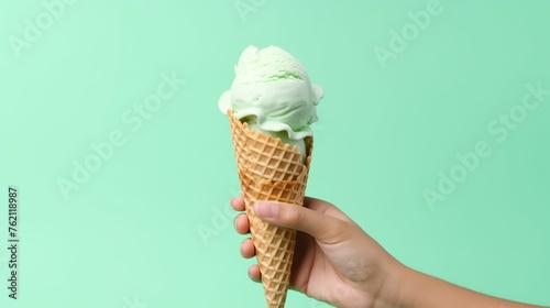 woman's hand holding a cone of delicious matcha ice cream